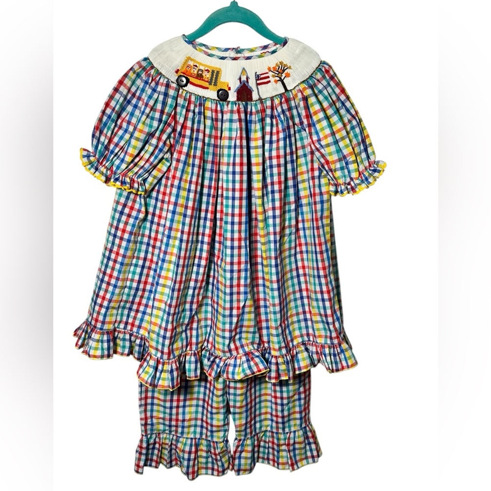 Mom & Me Smocked Fall Back to School Short‎ Sleeve Button Back Ruffle Pant Set